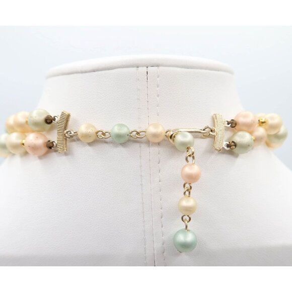 Vintage Mint & Blush Pink 2-Strand Beaded Necklace w/ Gold Tone Finishings - Picture 4 of 4